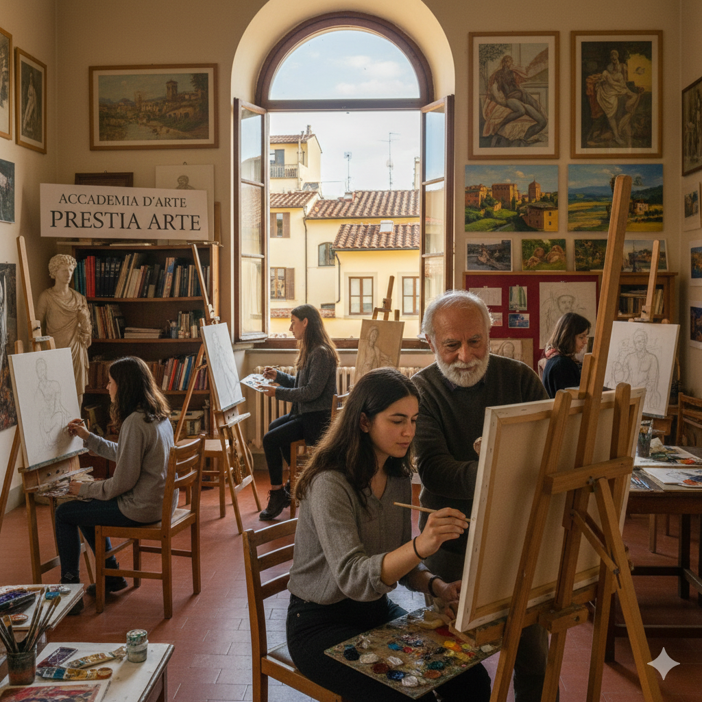 Atelier artistico con tele, pennelli e colori in ambiente luminoso toscano